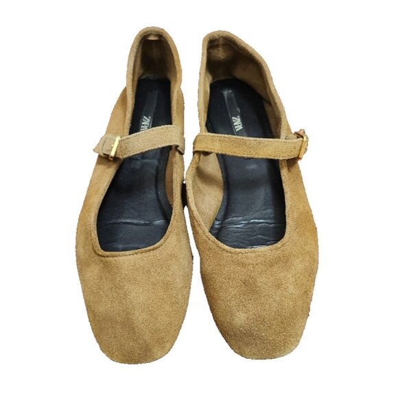 ZARA Women’s Suede Mary Jane Flats Brown Tan Ballet Shoes Size 40 Buckle Strap - Picture 3 of 14
